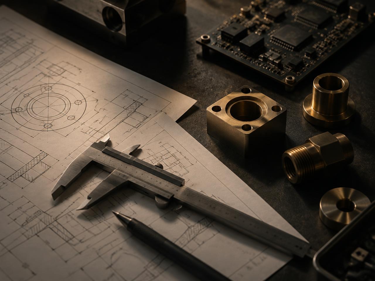 Engineering bench with technical drawings, calipers, brass fittings and a circuit board