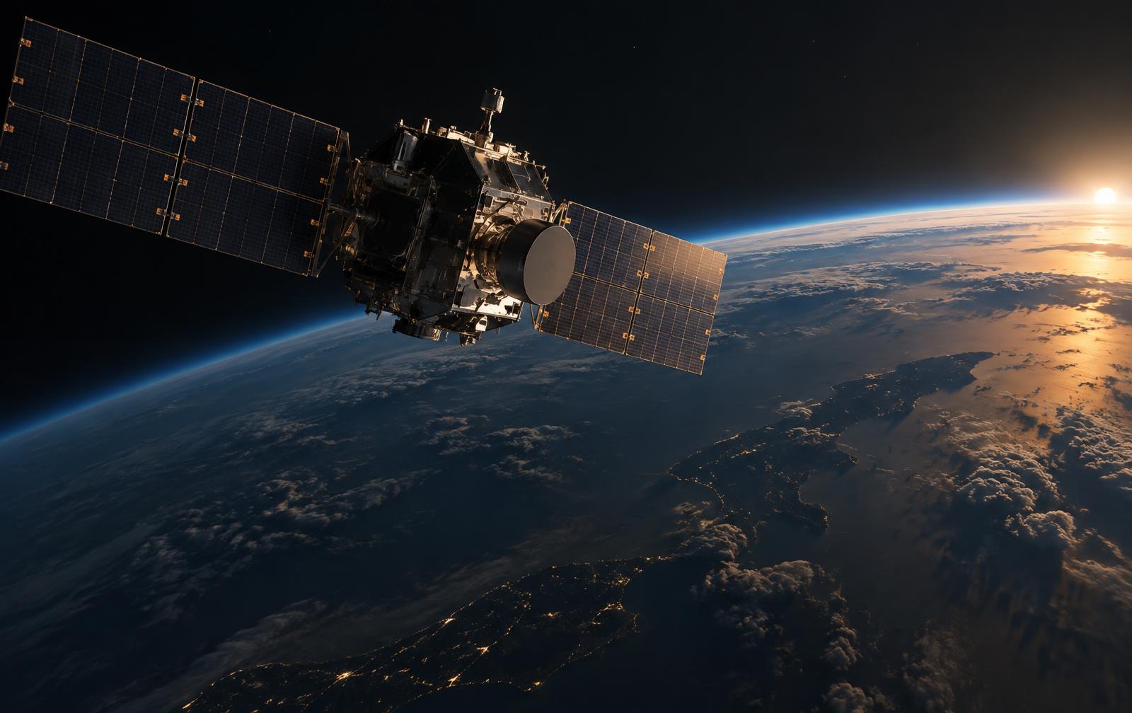 Satellite operating above Earth at sunrise