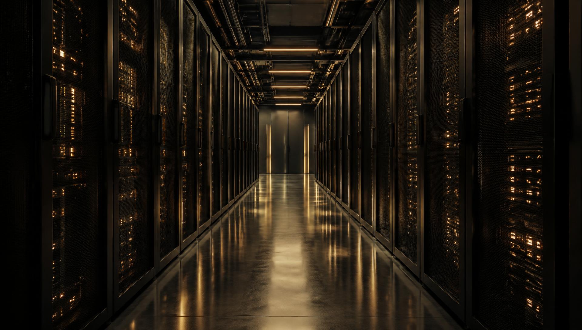 Cold aisle of a dark data center with rows of server racks