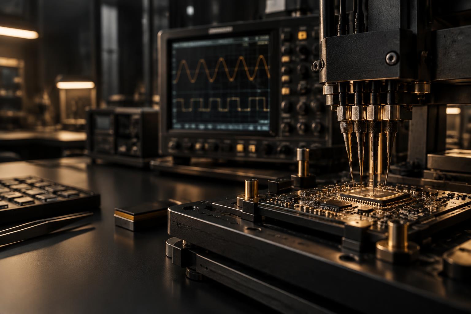 Precision probes testing a circuit board beside signal-analysis equipment